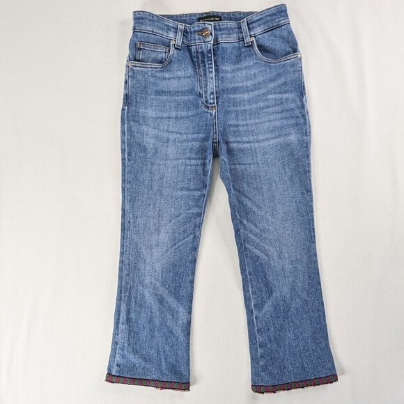 Etro Aztec Tapestry Embroidered Hem Crop Length Wide Leg Raw Hem Jeans Bohemian - Picture 1 of 9